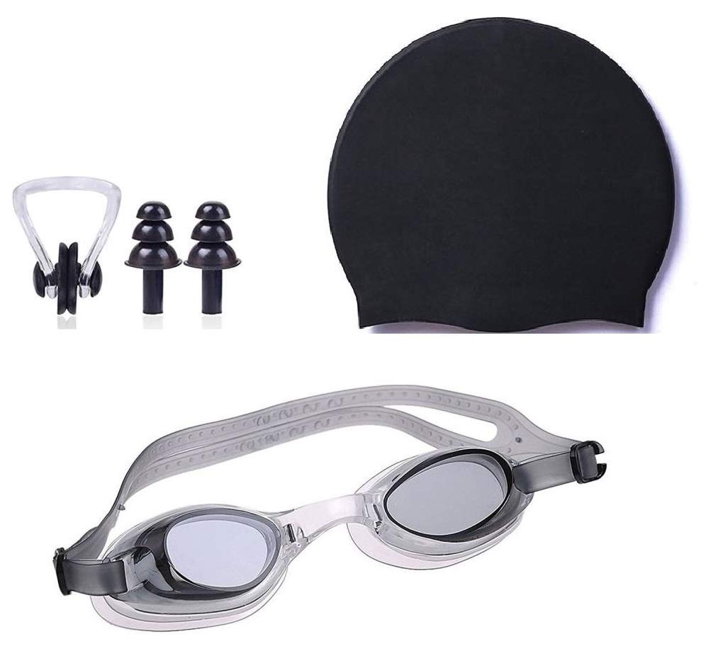 RXP Swimming Goggles Cap Combo Set - Anti-Fog Waterproof Kit with Ear Plugs & Nose Clip for Men Women Kids