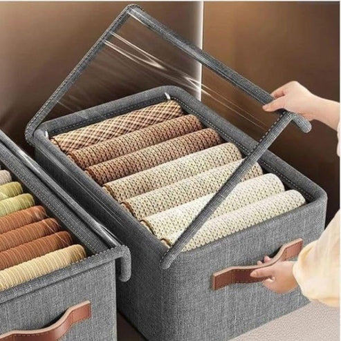 Foldable Storage Organizer Basket with Lid, Transparent Lids Fabric wardrobe organizer for Clothes, Collapsible closet organizers and storage box for Clothes